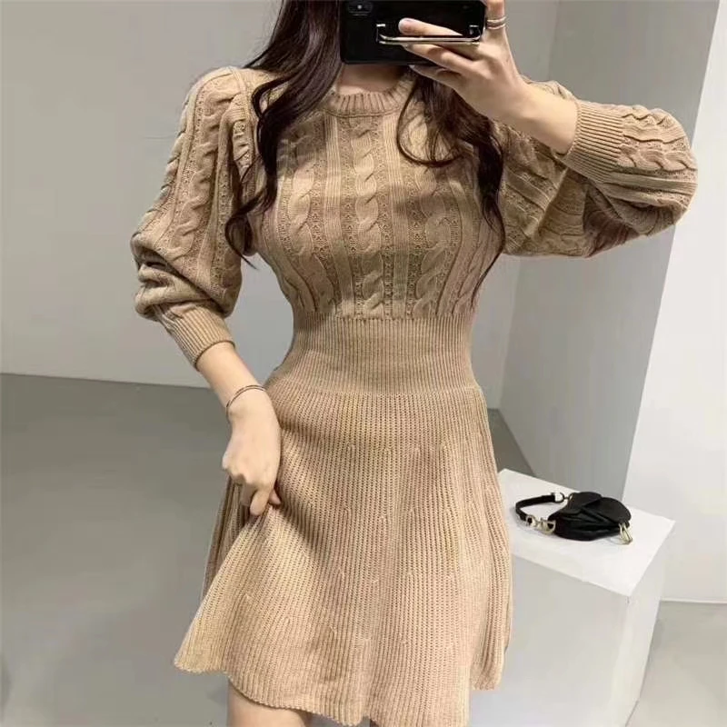 Fashion Autumn Winter Knitted Dress Women Twist Pattern Pleated Dress Elegant Solid Lantern Sleeve Tunic Sweater Dress Vestidos