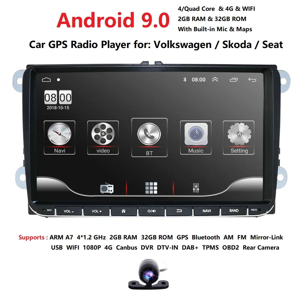 

Android 9.0 2din Car Auto Audio for VW POLO GOLF 5 6 POLO PASSAT B6 CC JETTA TIGUAN TOURAN EOS SHARAN SCIROCCO CADDY GPS Navi fm