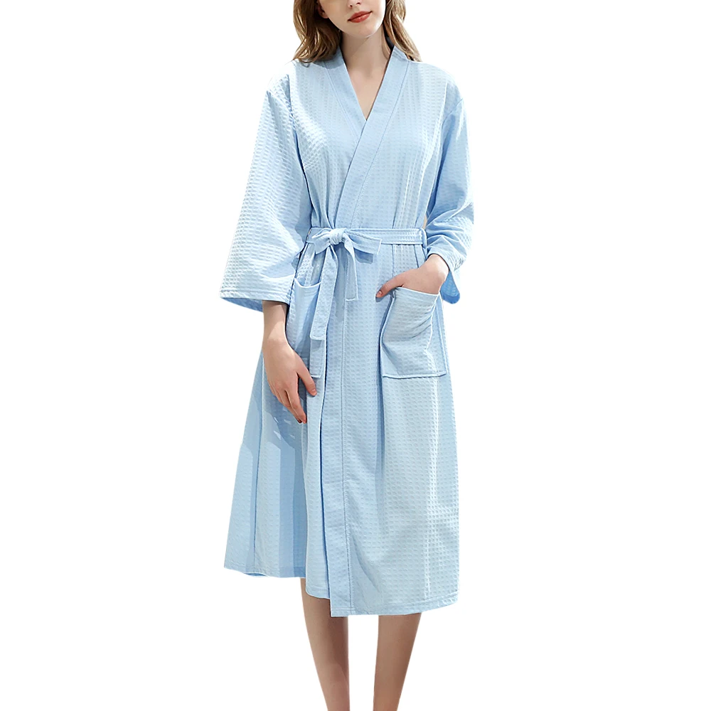 light blue Осеннее платье мягкое Впитывающее ночное белье легкое длинное кимоно вафельный банный халат для женщин купальная одежда яркие цвета верхняя одежда - Цвет: light blue
