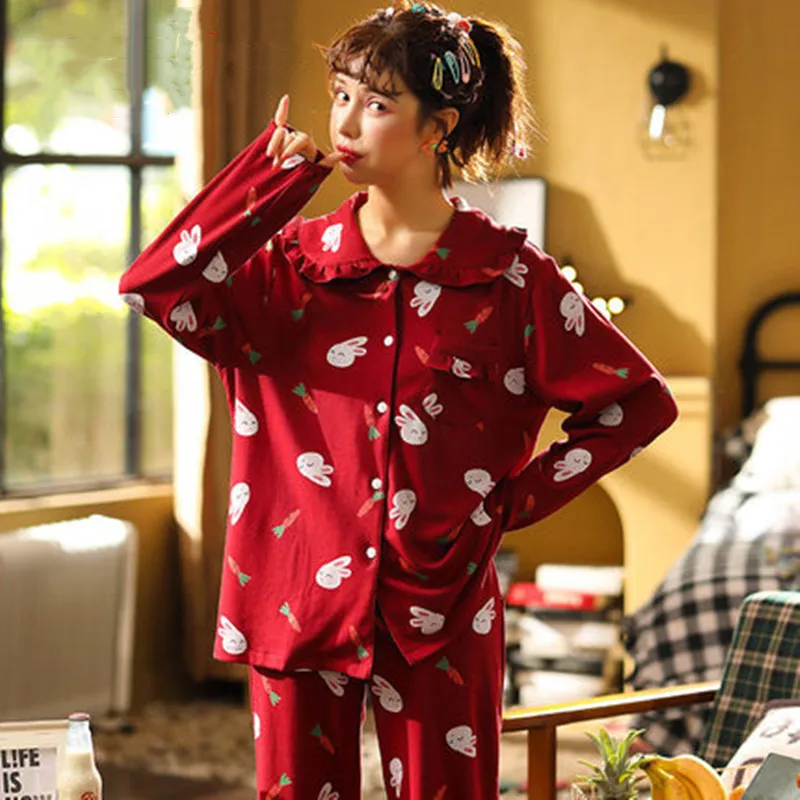 Spring and autumn cotton pajamas women's long sleeves Korean wedding autumn and winter home clothes women's fashion red set tren