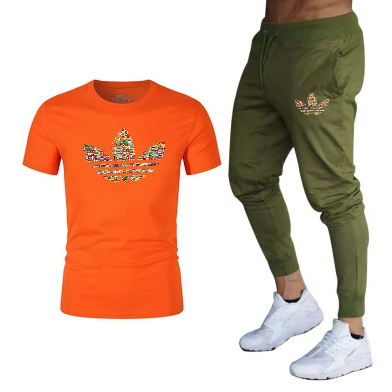 men's casual suit brand spring and summer top short suit for men O collar fashion 2 T-shirt and trousers sport suit - Color: Gold