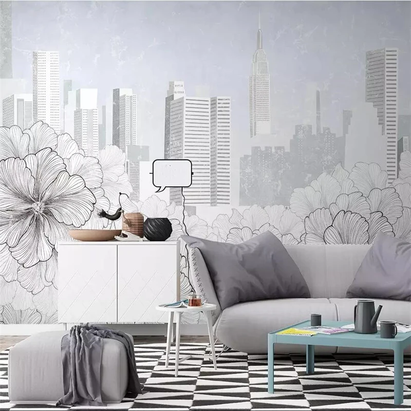 Beibehang-Modern-minimalist-line-drawing-flower-city-architecture-TV-background-wall-painting-custom-large-mural-green (1)
