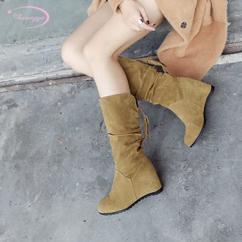 

Casual style round toe flock mid-calf boots fashion lace-up pleated black red apricot high heel wedge riding boots women's shoes