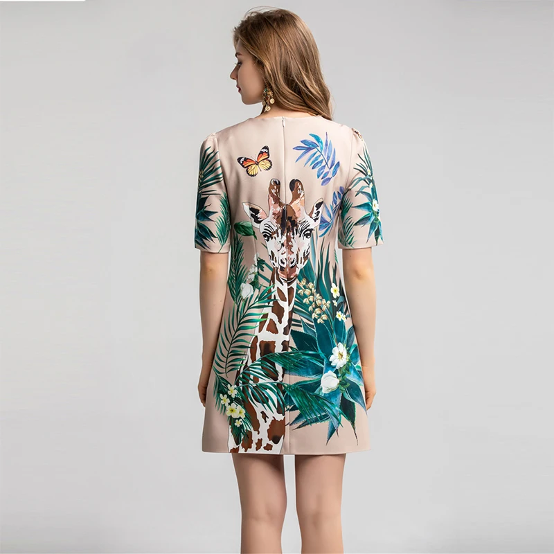 Бутик леди винтажное платье с коротким рукавом животных печати алмаз Vestidos