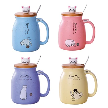 

New Sesame Cat Heat-resistant Cup Color Cartoon With Lid Cup Kitten Milk Coffee Ceramic Mug Children Cup Office Gifts 420ML