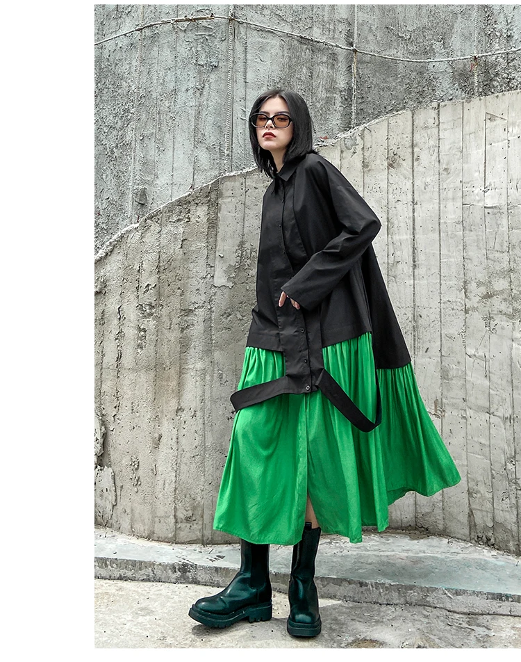 XITAO Patchwork Dress Fashion New Women Single Breast Patchwork Plated Hem 2020 Autumn Minority Casual Style Loose Dress ZP3457