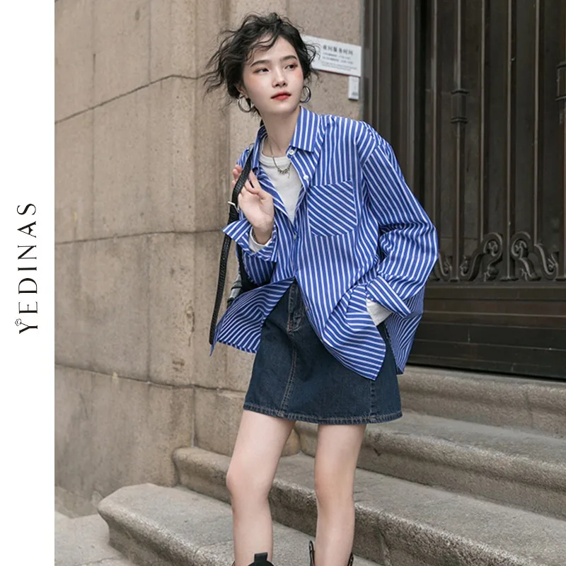 

Yedinas Blue Striped Shirts Women Long Sleeve Turn Down Collar Tops Female Blouse Ladies Shirts Fashion Spring Loose Streetwear
