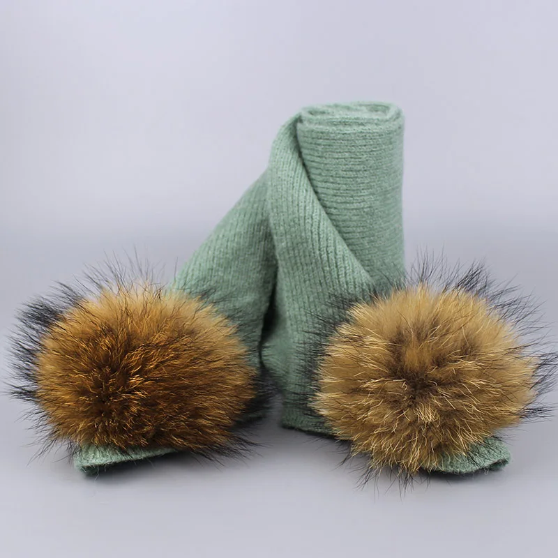 New Real Fur Pom Poms Winter Wool Hat And Scarf Set For Women Children Girl Cute Hat Knitted Warm Beanies Soft Thick Scarves Set - Цвет: CC