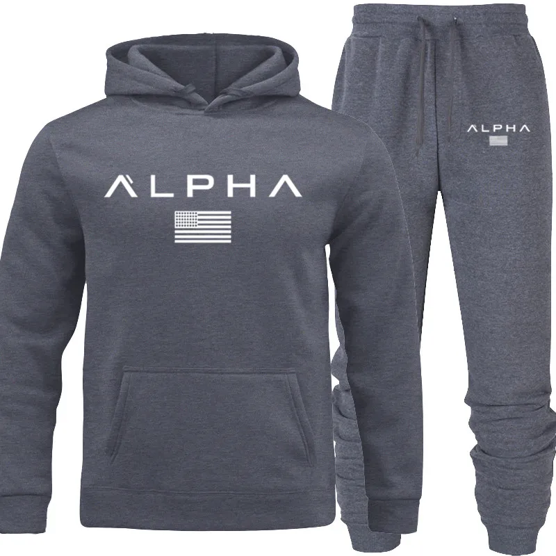 

Print ALPHA Men Sweatsuits Unisex Top Hip Hop Tracksuit Hooded Sweatshirt Man 2019 Custom Logo Hoodie Fashion Mens Jogger Sets