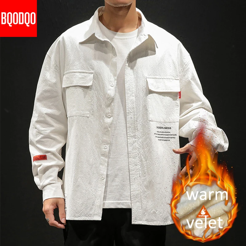 Fleece Oversized Shirt Men Winter Black Yellow Print Long Sleeve Cotton Korean Style Shirts Male Fashions Streetwear Casual Tops