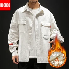 Fleece Oversized Shirt Men Winter Black Yellow Print Long Sleeve Cotton Korean Style Shirts Male Fashions Streetwear Casual Tops