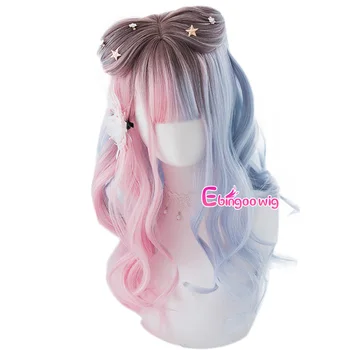

【Ebingoo】Blue Pink Lolita Wigs Gradient Long Wave Cosplay Wigs Bobo Kawaii Halloween Wig Heat Resistant Synthetic Hair