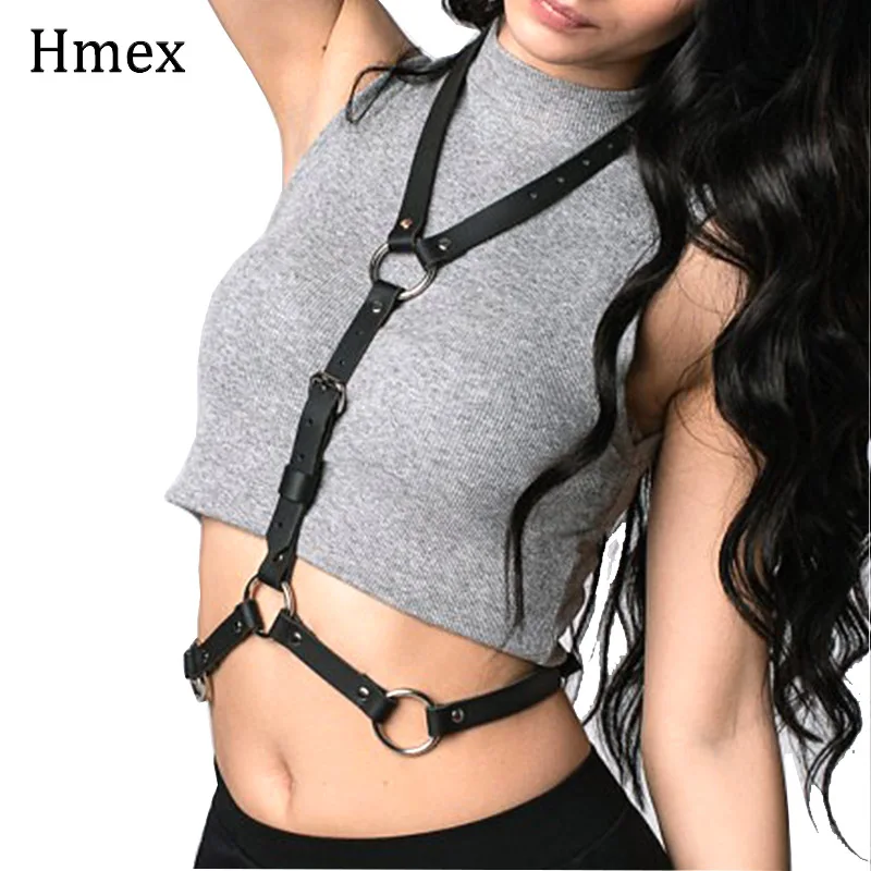 

Модные панковские кожаные нагрудные ремни для женщин, пояс для связывания тела, бюстгальтер, подвязки, сексуальное женское белье с круглым вырезом, подтяжки, пояс на талию