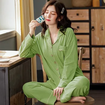

Pajamas Women's Cotton Long-sleeved Lapel Cardigan Spring and Autumn V-neck Loose Students Can Wear Large-size Home Clothes
