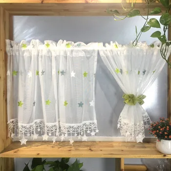 

1PC W100xL55cm Rod Pocket Sheer Curtain for Kitchen Cafe Green Star Embroidered Romantic Valance Decor M065C