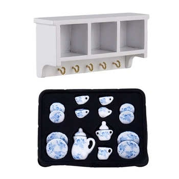 

2 Set Toy Accessories: 1 Set 1/12 Miniature Dollhouse Kitchen Wood Wall Bracket White & 1 Set 17 Pcs Dollhouse Miniature Tea Set