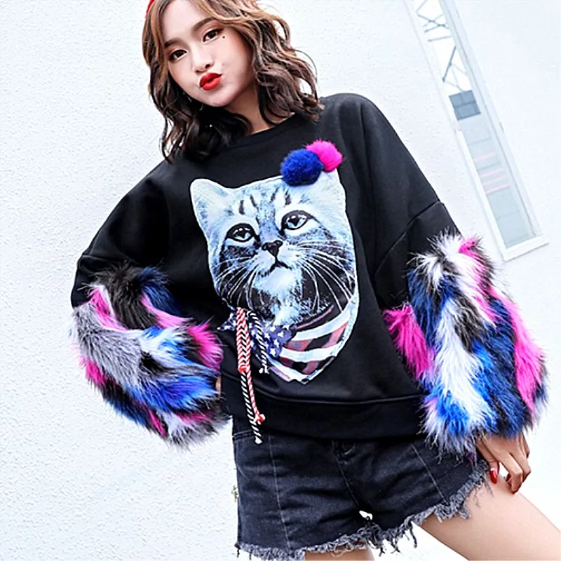 

Women Autumn Sweatshirts Unique Party Streetwear Cat Ladies Appliques Colorful Faux Fur Balls Oversize Tops Geek Rock Tops NS587