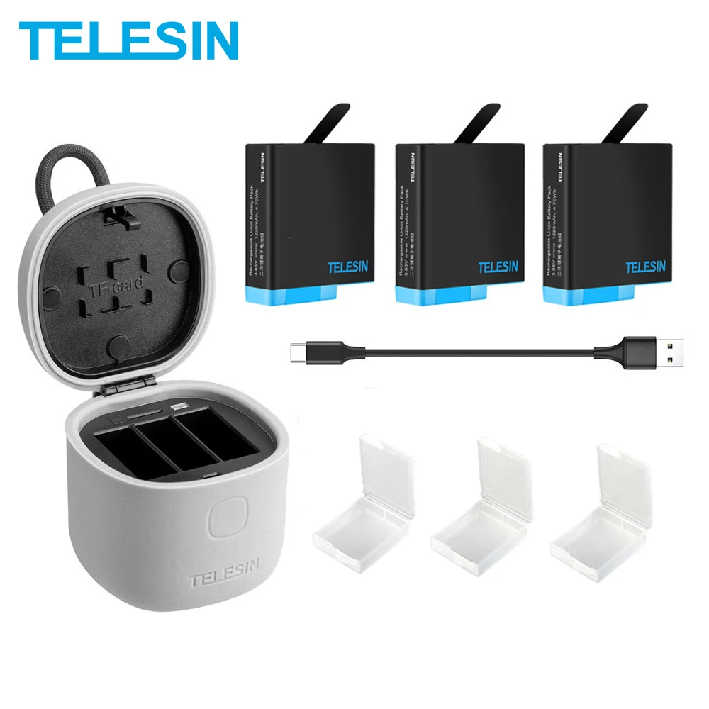 TELESIN 3PACK 1220mAh Battery 3 Slots LED Light Fast Charger TF Card Reader Storage Charging Box for GoPro Hero 8 7 6 5 Black dyson battery