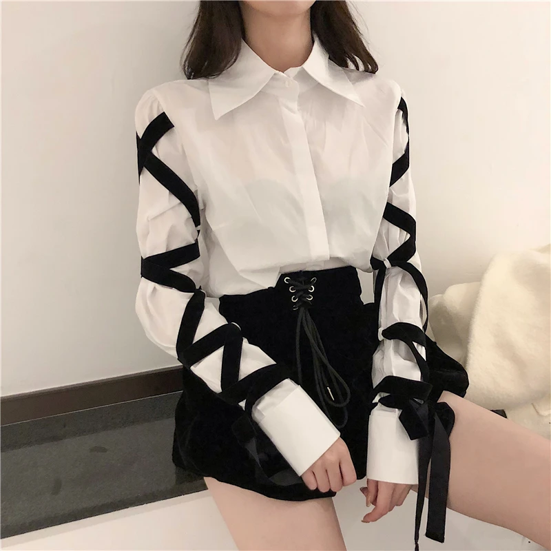 

Brand Women Shirts Stitching Black Bandage Long Sleeve Turn Down Collar Top Blouse Fashion Casual Office Lady Female Blous White