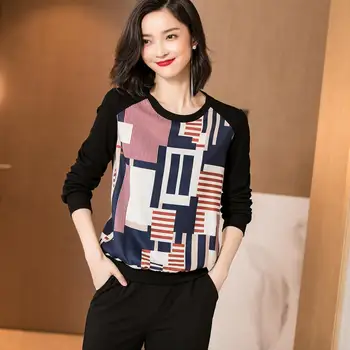 

Blouse Women 100% Printed Silk Patchwork Fabric Simple Single O Neck Knitted Long Sleeves Top Casual Top New Fashion
