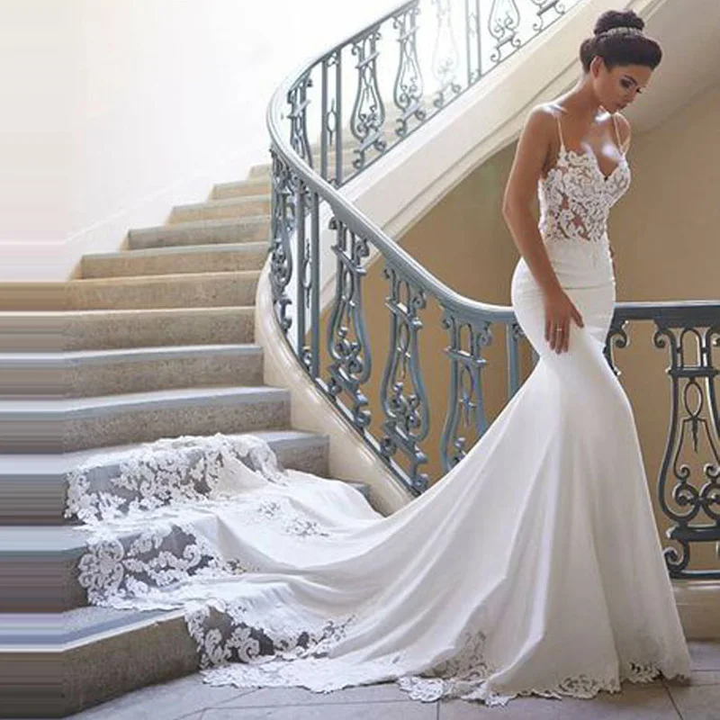 ADLN Русалка свадебное платье Vestidos de novia на тонких бретелях кружевное свадебное платье Свадебные платья без спинки