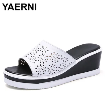 

YAERNIleather shoes for women Slip on Beach sandals slippers ladies cork wedge sandals female platform shoes woman summerE1322