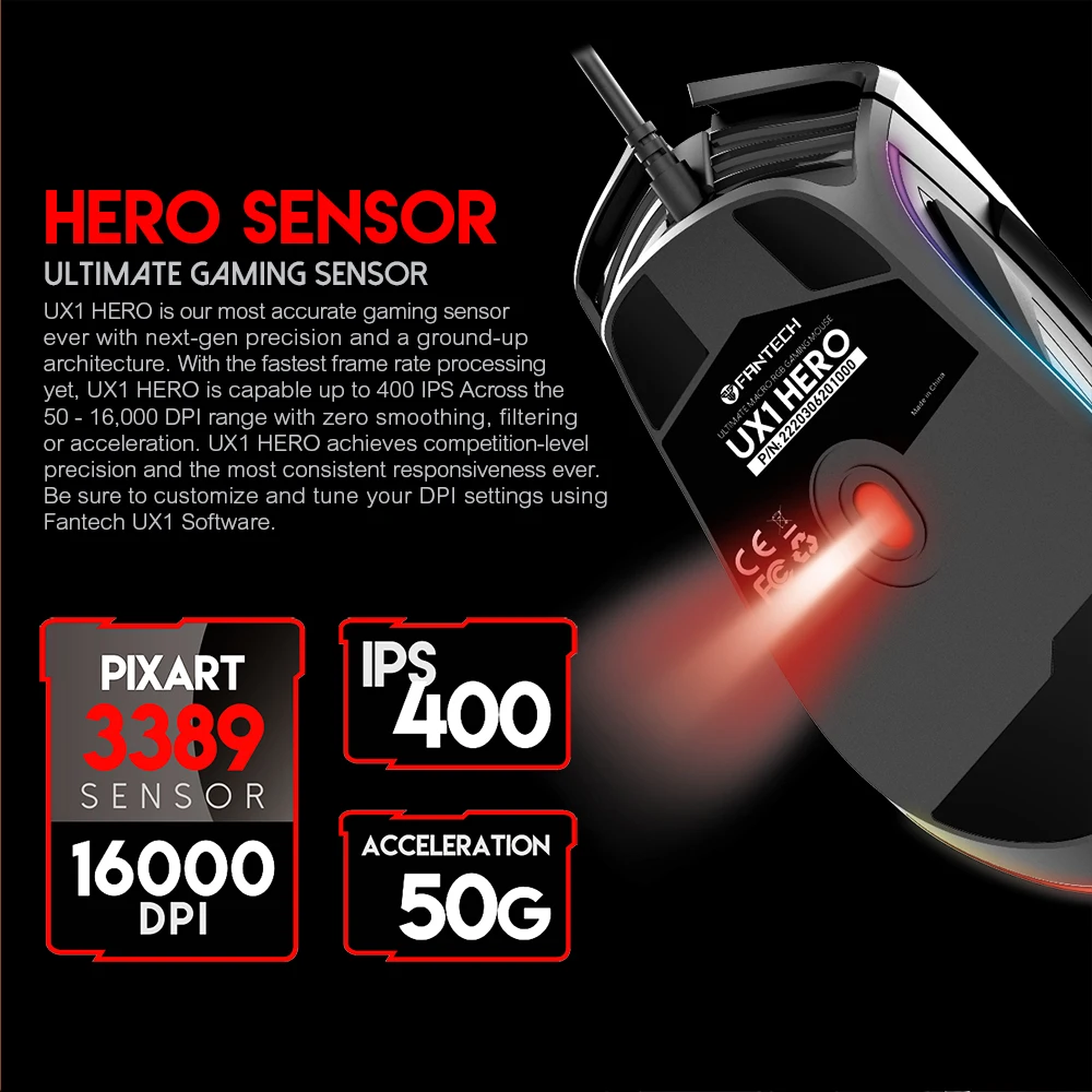  FANTECH UX1 Profession Gaming Mouse 16000 DPI Adjustable 8 Button Macro RGB Wired Mouse USB For LOL