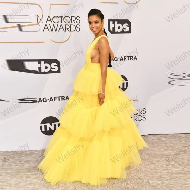 Sexy Yellow Tiered Ruffle Tulle Dress 2020 Women Deep V-Neck Long Tulle Dresses Ruffle Celebrity Evening Prom Grown Custom Made
