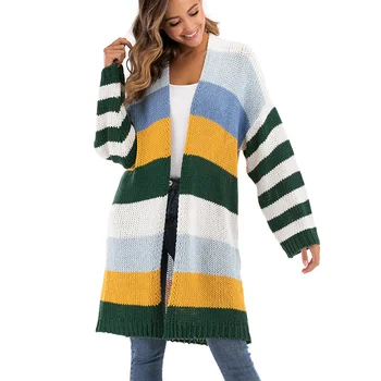 

Sweater Women 2019 Autumn Winter Cardigan Women New Loose Long Stripe Contrast Color Matching Long Sleeve Cardigan Coat