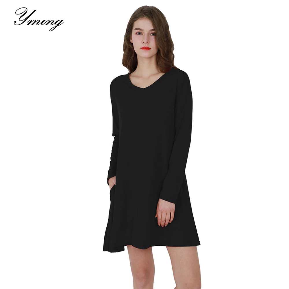 

YMING Plus Size Long Sleeve Women Dresses Casual Party Shirt Dress V-Neck Elegent Dress with Pockets Vestidos Mini Beach Dresses