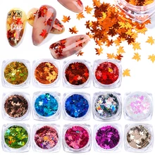 14 шт., блестки для ногтей с изображением осеннего листа, 3D, кленовые, золотые, красные листья, для дизайна ногтей, хлопья, пайетки, лазерный голографический блеск, кончик для маникюра, TR1528-1