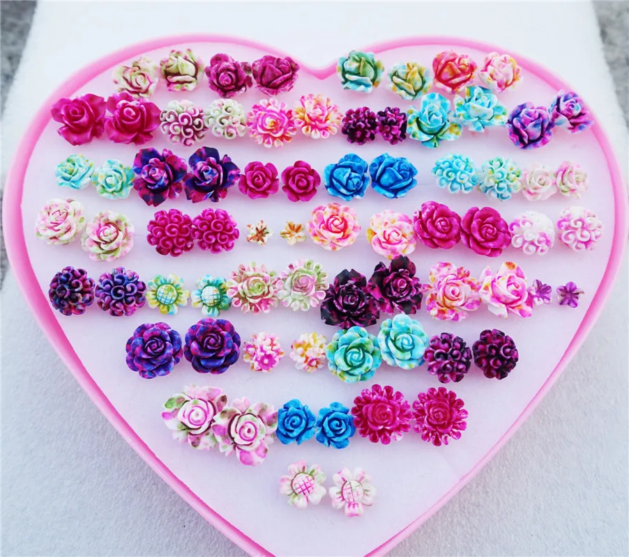 Красочные цветочные серьги-гвоздики для женщин и девочек 36 пар/Лот с розовым сердцем коробка ювелирных изделий