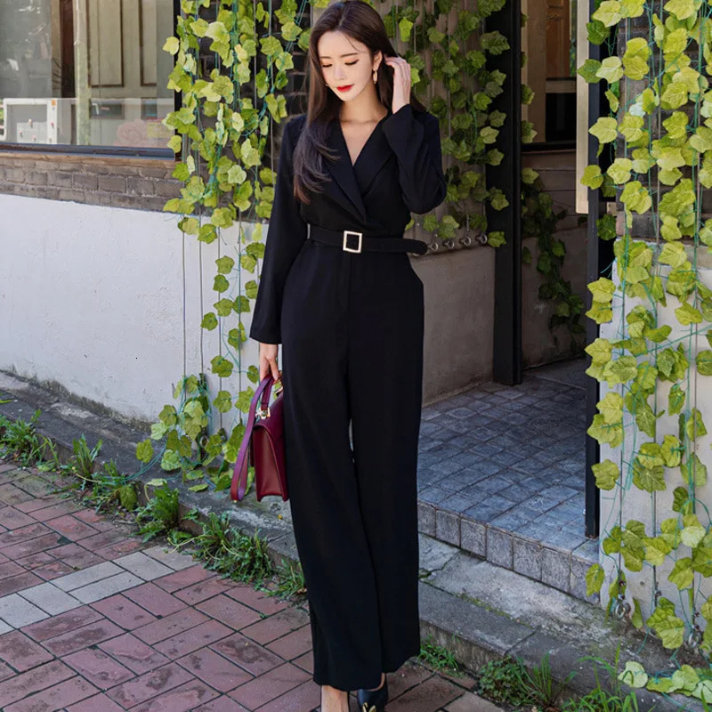 

Foamlina Casual Women Long Trousers Elegant Office Ladies Rompers 2019 Autumn Long Sleeved Notched Collar Belted OL Jumpsuits