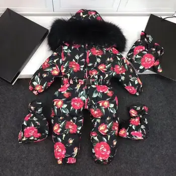 

Real fur Hooded Winter Jacket Infant jackets Jumpsuit Snow Suit Girl Floral Flower Printed Rose Down Jacket Snow Wear Outerwear