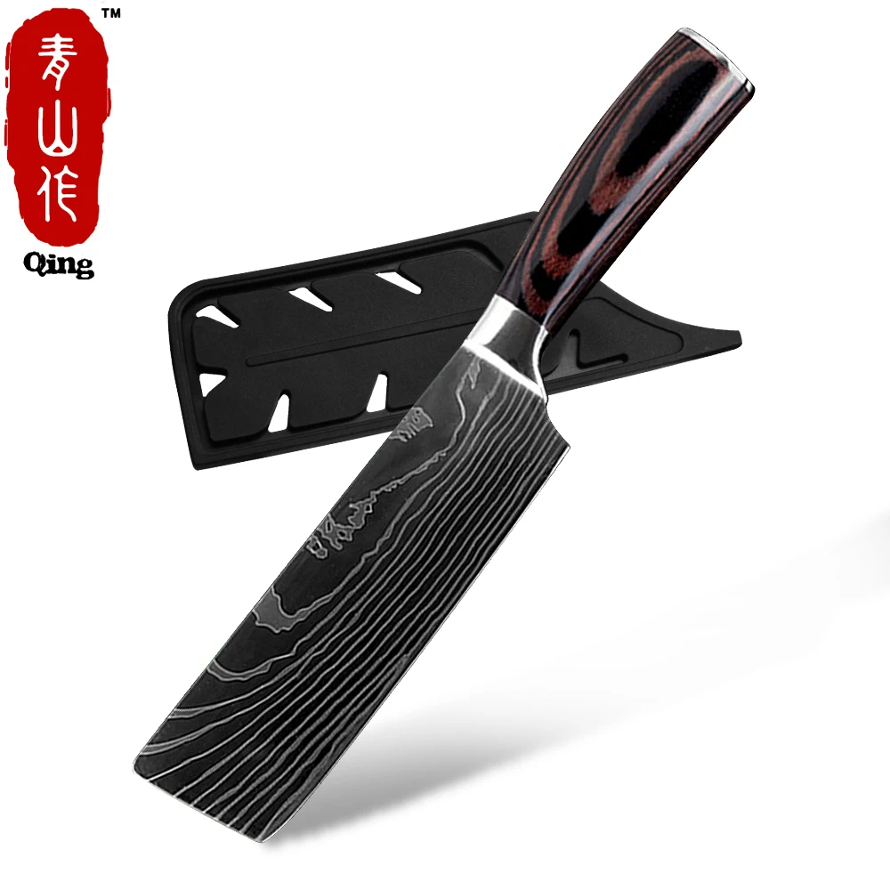 Qing Quality Chef Knife 7CR17 High Carbon Stainless Steel Japanese Series Damascus Laser Pattern 8" 7" 5" 3.5" Kitchen Knife - Color: 7 chopping knife