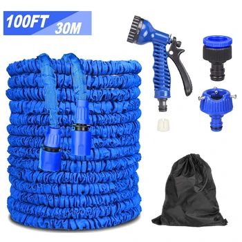 

30m/100ft Expandable Garden Hose Water Hose 7 Function Spray Nozzle Kit Blue Garden Sprinkler Lawn Irrigation Drip