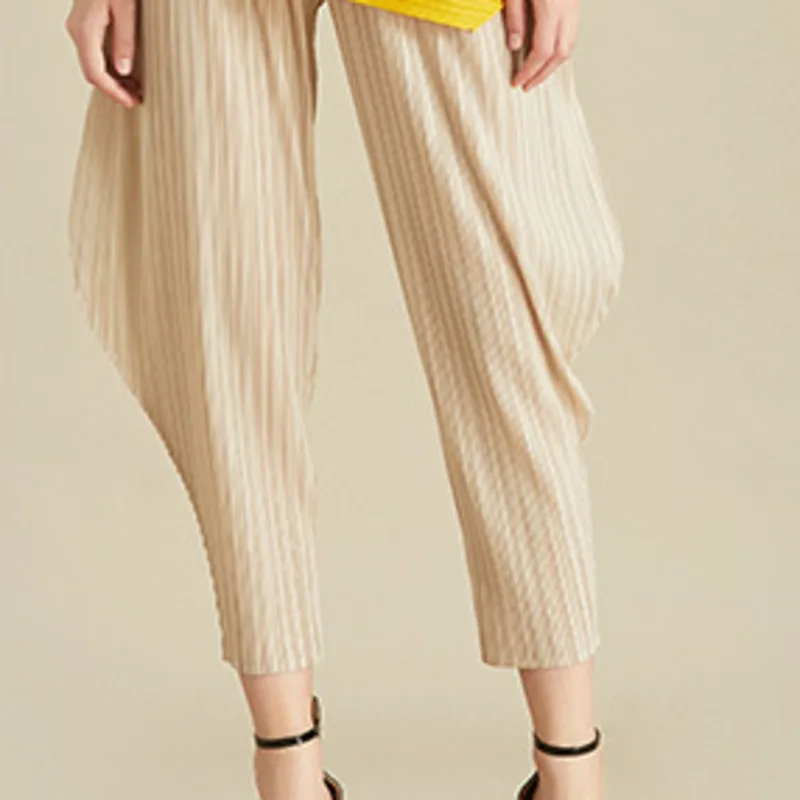 beige pants LANMREM бежевый без рукавов Круглый вырез складки футболка оригинальная шаровары женский костюм Повседневная простая Мода лето TV583 - Цвет: beige pants