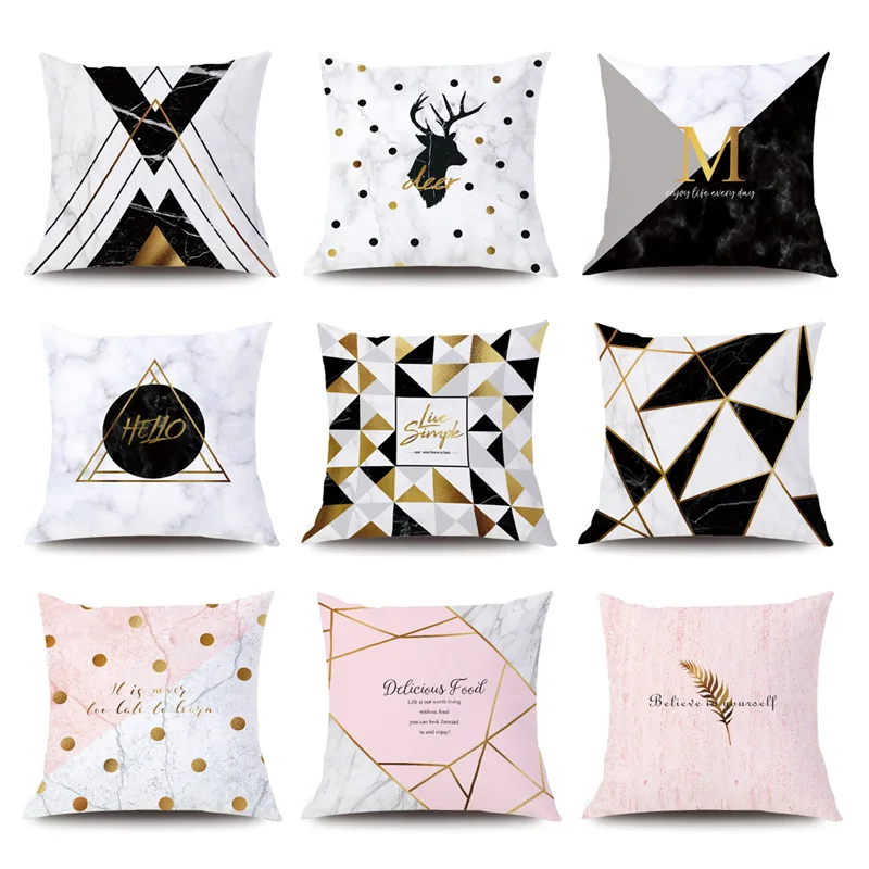 

Pillows Cases Nordic Marble Geometric Cushion Cover Deer Pink Black Soft Peach Skin for Sofa Home Decoration Accessories 45x45cm