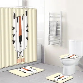 

4Pcs/set Bathroom Mat Set Non-slip Bath Mat Shower Curtain Floor Mat Washable Bathroom Toilet Rug Bathroom Accessories Set