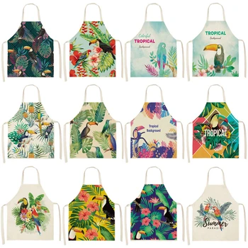

1Pcs Color Bird Pattern Cleaning Art Green Aprons Home Cooking Kitchen Apron Cook Wear Cotton Linen Adult Bibs 53*65cm WQ0170