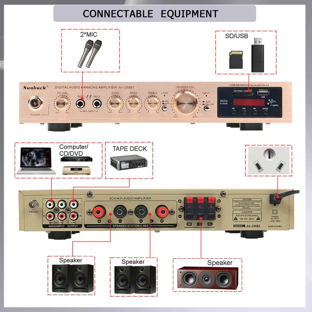 Entrada para Cartão Amplificador de Potência de 5 Canais Bluetooth Estéreo Alta Fidelidade Suporte Amplificador Rádio fm 2 Microfones Usb sd 2200w - Image 4