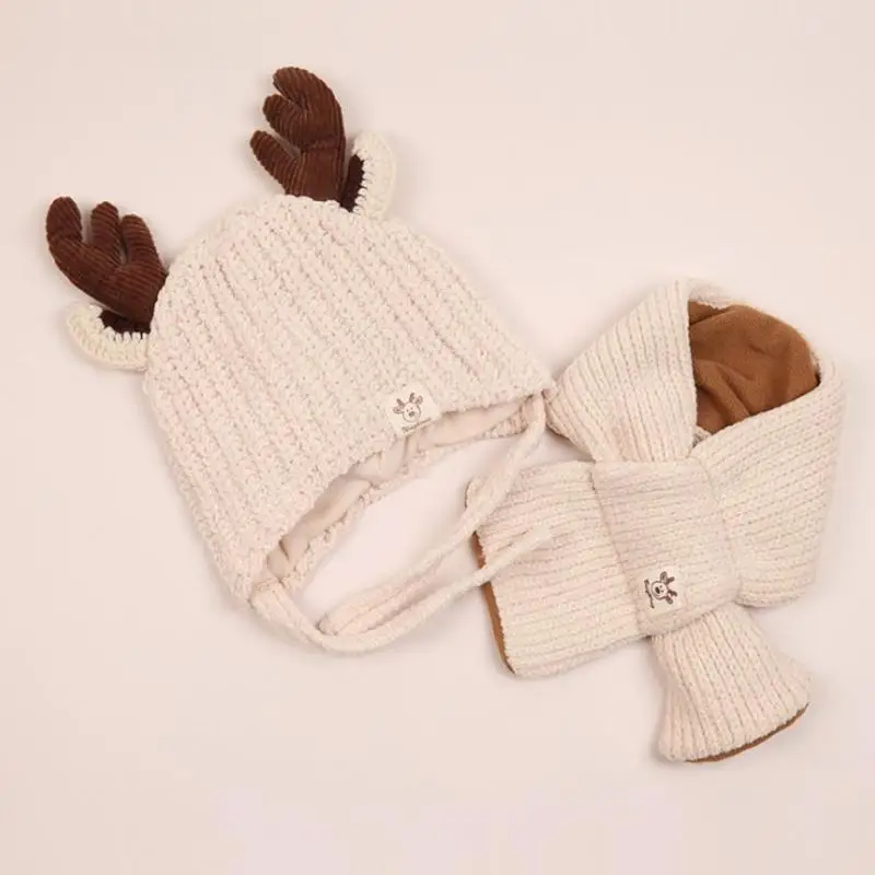 Beige Милая Детская шерстяная шапка, шарф, комплект, Осень-зима, Детская Повседневная теплая шапка с рогами, комплект для мальчиков и девочек, зимние аксессуары для улицы - Цвет: Beige