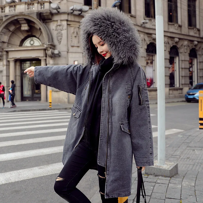 Новинка, Корейская женская зимняя длинная парка, пальто размера плюс, хлопковая одежда, большой меховой воротник, толстая джинсовая куртка, женские куртки N1035