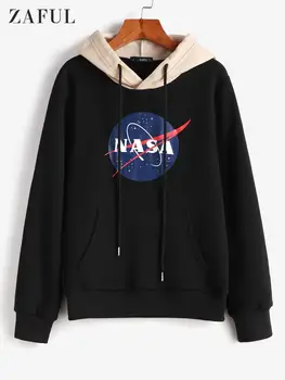 

Zaful Contrast Women Causal Sweatshirts Autumn Hooded Long Sleeves Female Pullovers Drawstring Pockets Letter Femme Tops Hoodies