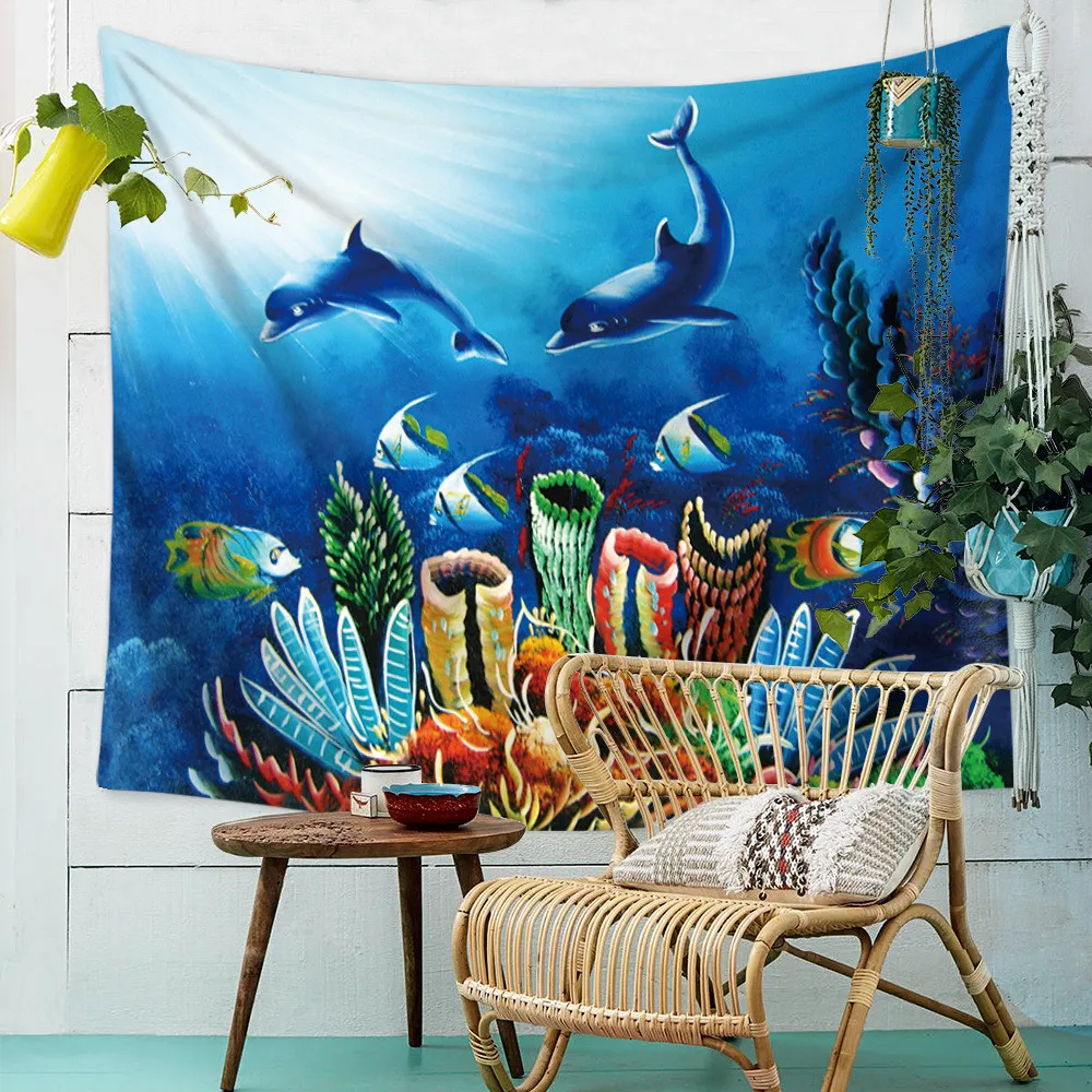 Underwater World Hippie Tapestry Animal Sea Turtle Dolphin Shark Wall Hanging Blanket Boho Home Decorative Cloth Tapestries | Дом и сад
