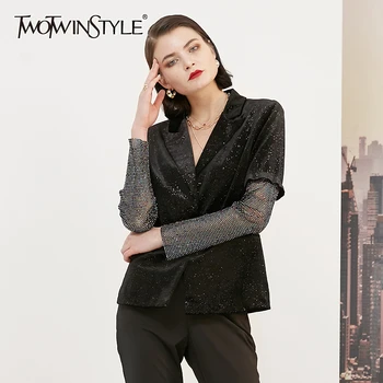 

TWOTWINSTYLE Casual Patchwork Diamonds Elegant Women's Coats Notched Long Sleeve Perspective Coat Female 2020 Spring Fashion New
