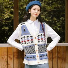 

Women's Colorblock V-neck Knitted Cardigan Vest Spring Korean Single-breasted Waistcoat Beige Casual Sleeveless Knitwear Sweater