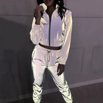 

Women Tracksuit 2 Piece Set Hip Hop Reflective Crop Top Pants Fashion Female Loose Zipper Jacket Coat Matching Sets Plus Size e2