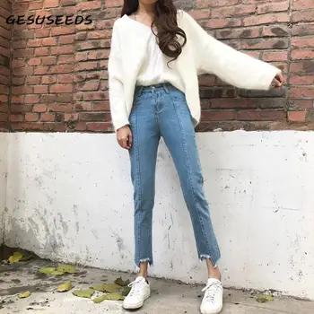 

Boyfriend jeans women cropped pants loose high waist jeans patchwork jeans ripped jeans denim light blue korean jeans vintage