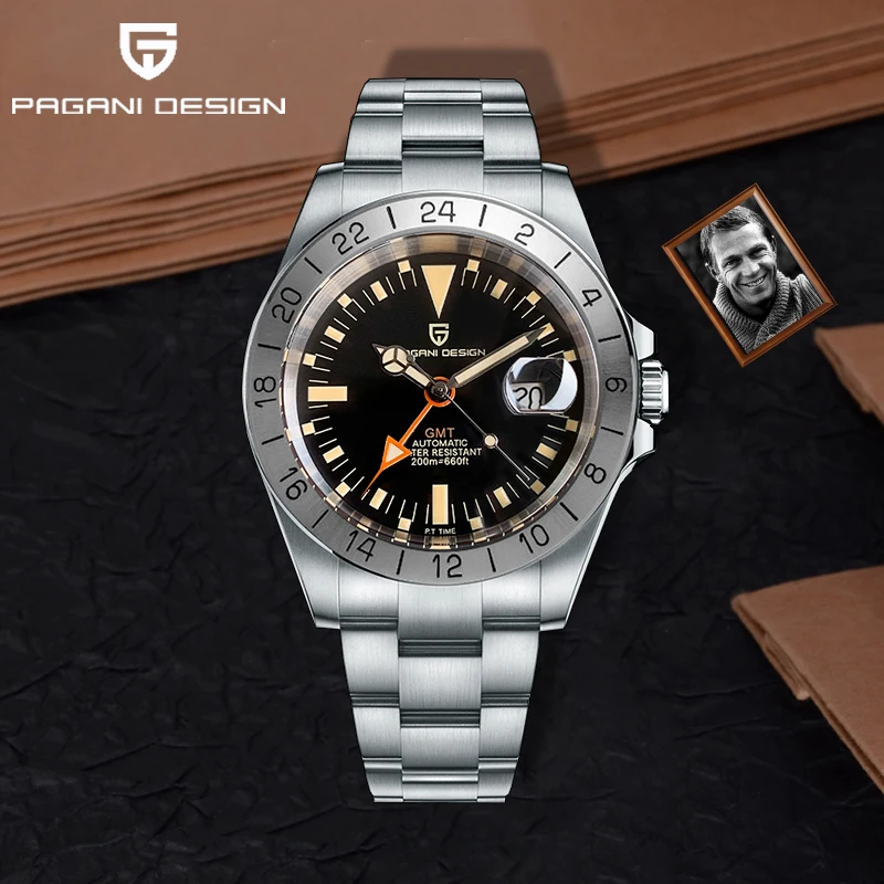 New PAGANI DESIGN Men Automatic Mechanical Watch Classic Retro GMT Watch Stainless Steel 200m Waterproof Clock Reloj Hombre
